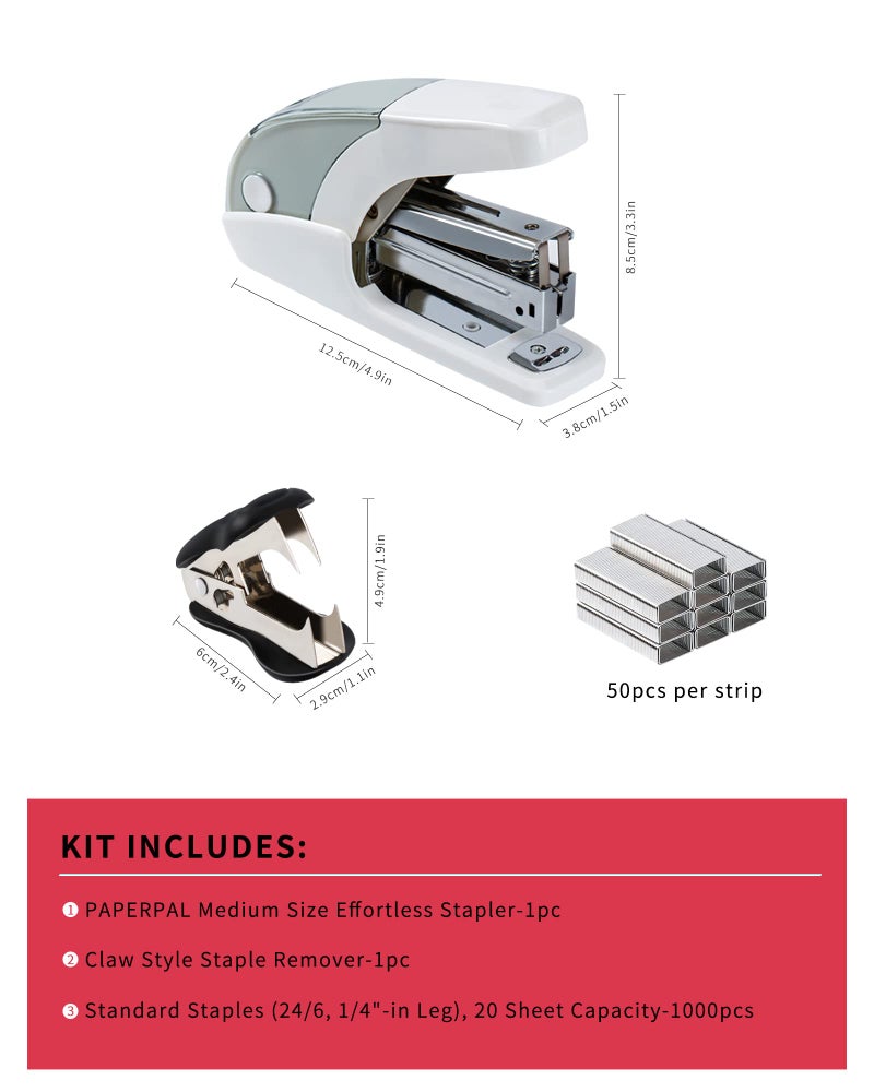 PAPERPAL Effortless Standard Stapler Set  20 Sheet Capacity  Half Strip  Built-in Staples Storage  Holds 1/4"" Staples  Includes 1000 Staples and A Staple Remover  Office  School & Personal Use  White - Image 2